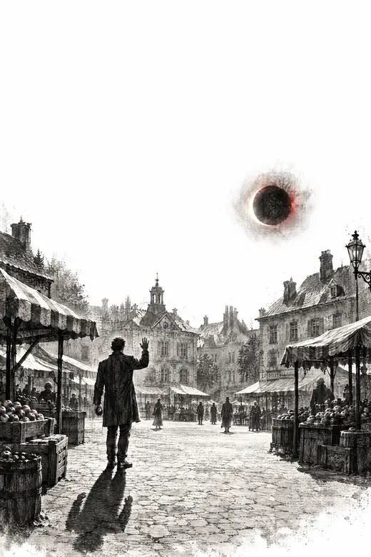 Tuschezeichnung: Ein Mann auf einem Marktplatz hebt die Hand, über ihm die schwarze Sonne. Sein Schatten folgt ihm nicht.