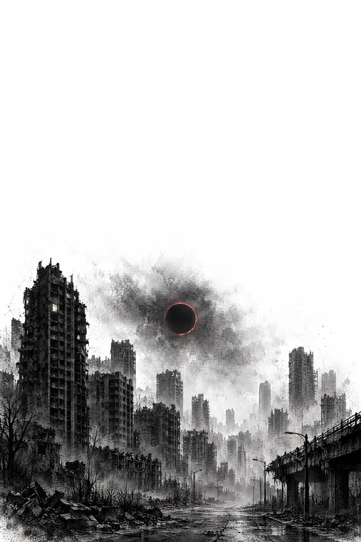Dunkle Ruinenstadt unter der schwarzen Sonne