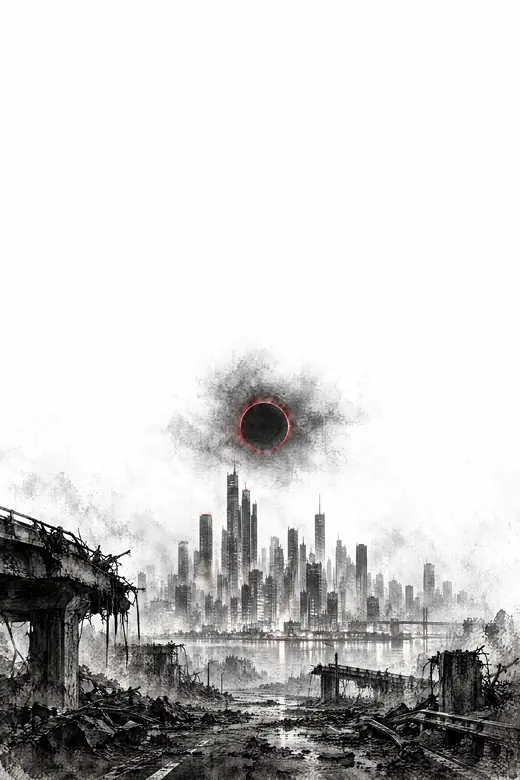 Eine intakte Stadt am Horizont hinter Ruinen