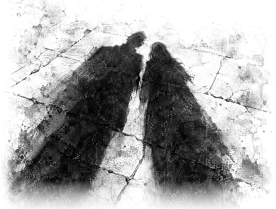 Tuschezeichnung: zwei lange Schatten auf rissigem Boden