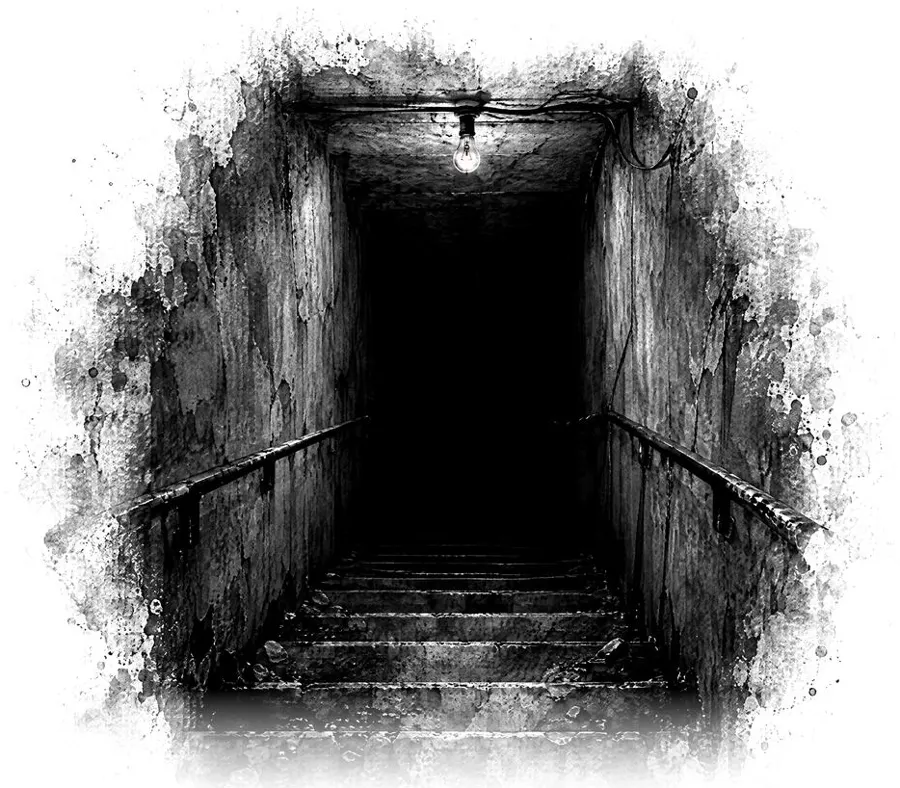 Tuschezeichnung: Treppe hinab in einen dunklen Keller